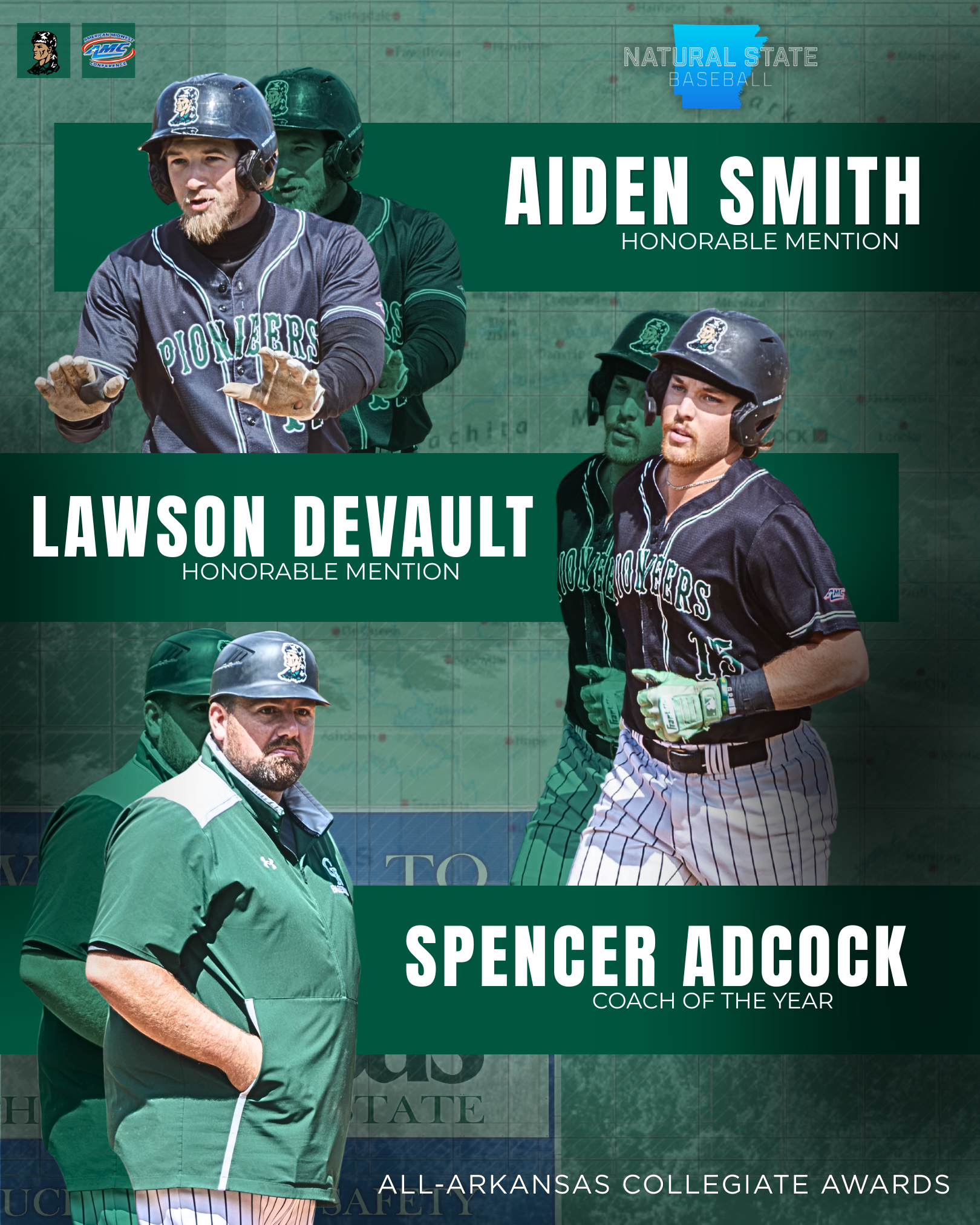 Adcock Named Natural State Baseball Coach of the Year, Smith and DeVault Earn Recognition
